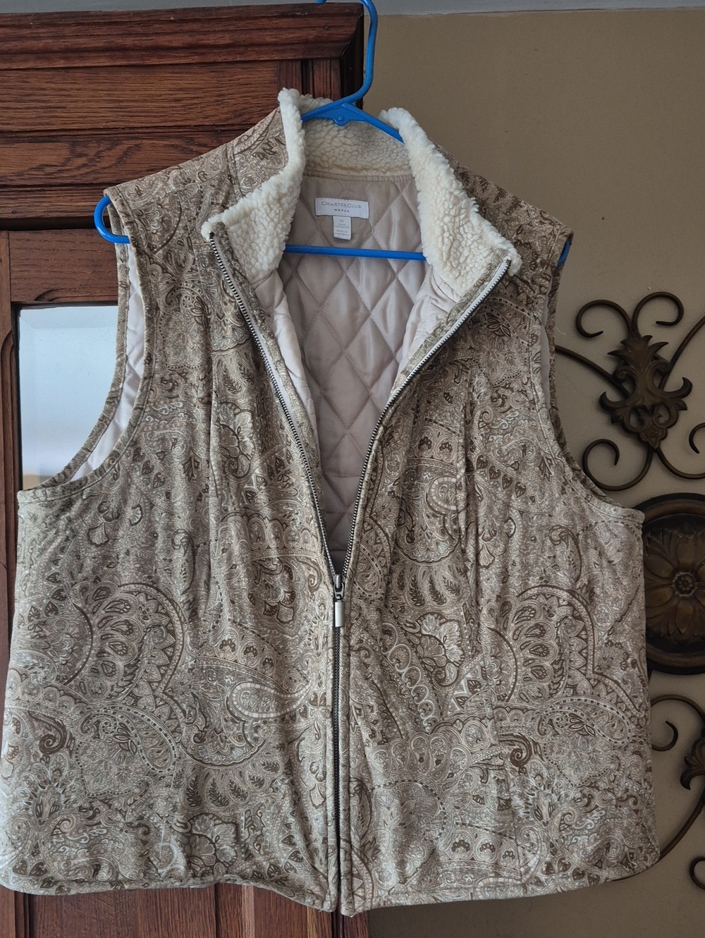 Charter Club Quilted Paisley Sherpa-Trim Vest - Taupe